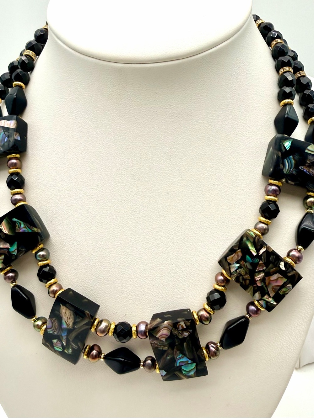 Artisan Double-Strand Black Abalone Inlay Necklace & Fresh Water Pearl Necklace - Picture 6 of 6